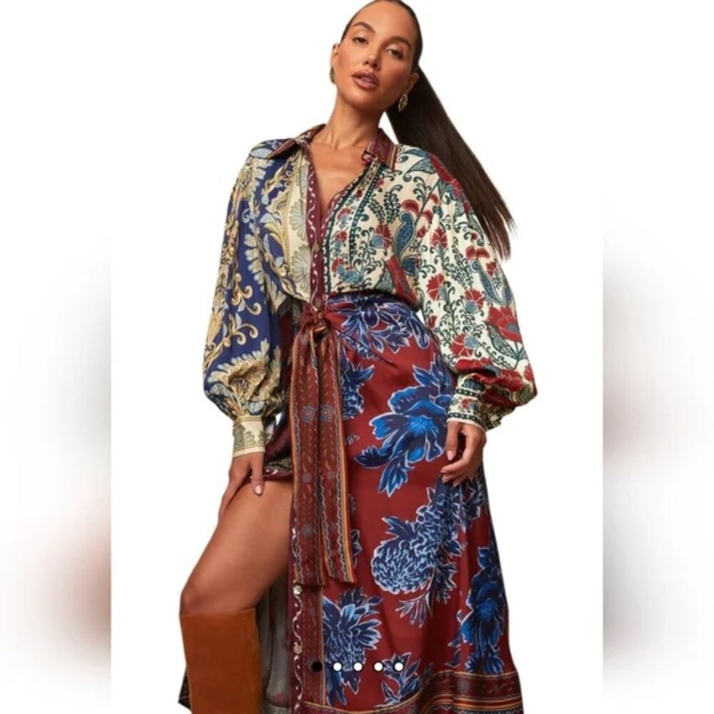 FARM Rio Winter Mix Midi Dress DESIGNER SCARF XL GUC SHIRT LONG SLEEVE